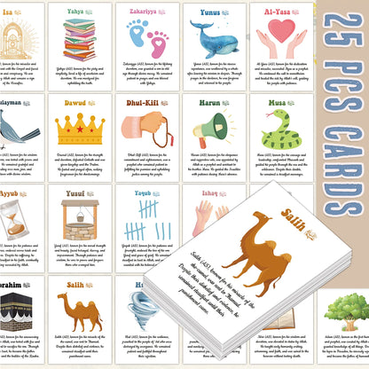 25pcs Islamic Prophet Character Cards,Content Includes Prophetic Lives,Values,Educational Visual Guide Card,Ramadan Prayers Gift